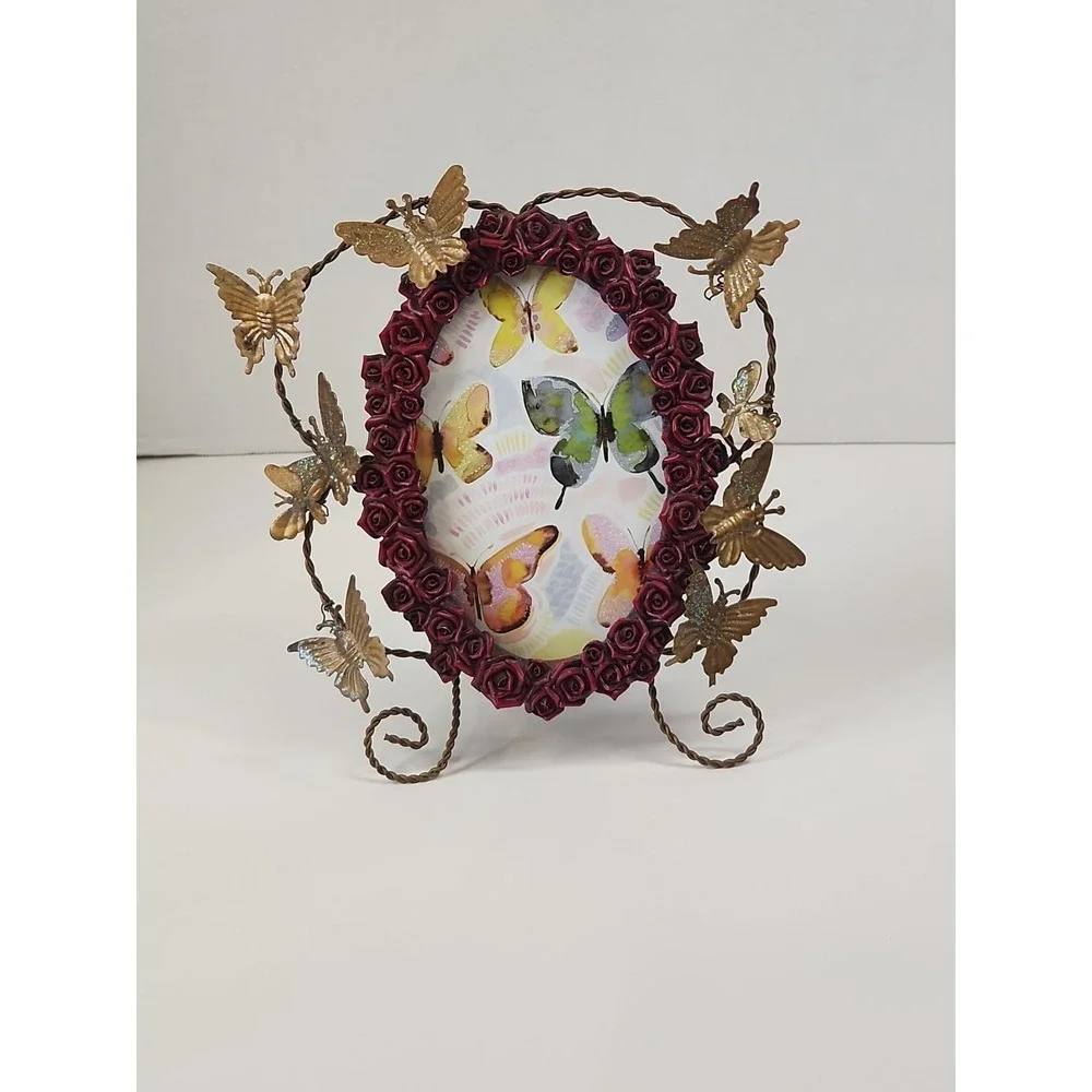 Coquette Cottagecore Butterfly Wire Picture Frame Red Resin Rose Border Oval